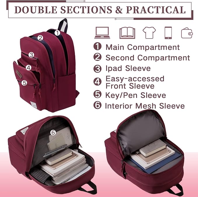 VASCHY School Backpack for Women, Unisex Large Bookbag Schoolbag Casual Daypack for High School/College/Teens/Travel/Work Red - Image 5
