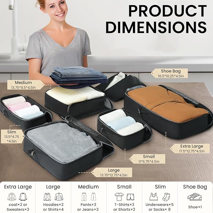 BAGAIL 4 Set/6 Set/8 Set Compression Packing Cubes Travel Accessories Expandable Packing Organizers (Half Mesh, 6-Black) - Image 2