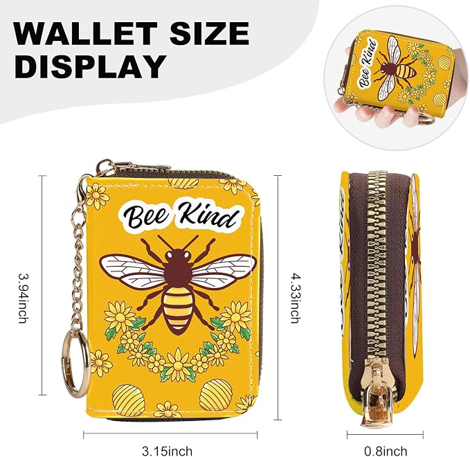 Credit Card Holder for Women,Small Rfid Wallet with Keychain Zipper,Cute PU Leather Card Case Wallet，Accordion Credit Card Wallets Gift,Bee kind - Image 4
