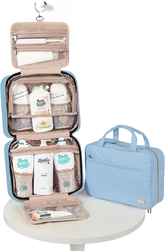 NISHEL Travel Toiletry Bag for women, Portable Hanging Organizer for Family-Sized Shampoo, Conditioner, Brushes Set, Makeup Accessories, Extra Large Size, Placid-Blue | for Family-Sized Shampoo, Conditioner, Brushes Set, makeup Accessories, Extra Large... - Image 5