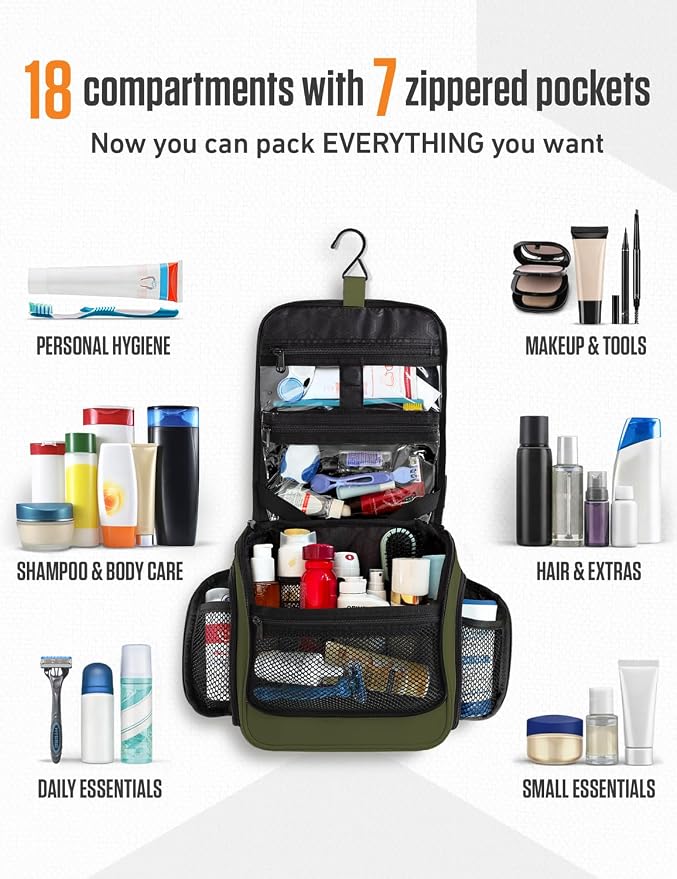 VENTURE 4TH Hanging Travel Toiletry Bag, 18 Compartments - Dark Green | Hangs on rails, hooks or doors; stands upright. Removable TSA pouch. Water-resistant Nylon 290D Twill, reinforced stitching. - Image 3