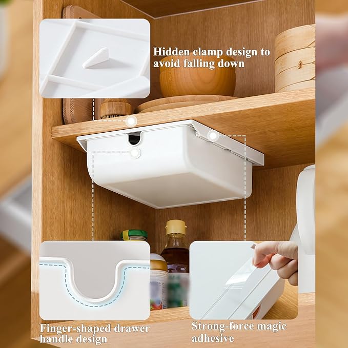FRETONBA Under Desk Drawer for Stationery, Adhesive Slide Out, Medium | No-Drill Mounting, Holds Up to 3.5 lbs, Smooth Slide-Out, Hidden Under Desk, home & office - Image 2