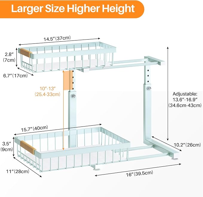 PXRACK Under Sink Organizer, Adjustable Height, 2 Tier Pull Out Under Cabinet Organizer, Slide Out Thickened Metal Under Sink Storage for Kitchen Bathroom Laundry Pantry Cabinet, Blue, Large-2-Pack - Image 8