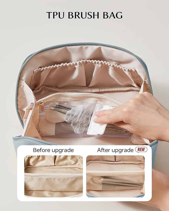 EACHY Travel Makeup Bag for Women, Flat Open Cosmetic Bag, Blue, Medium | PU leather organizer with flat-open access, storage pockets and clear TPU brush compartment for daily makeup and toiletries - Image 3