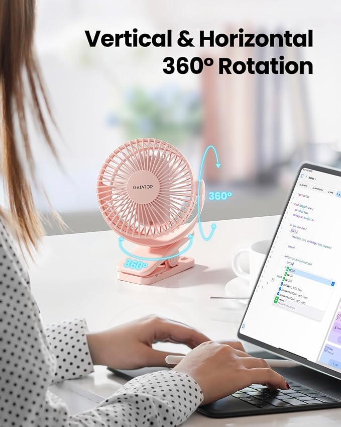 Gaiatop Portable Clip on Fan Battery Operated, Small Powerful 3 Speed Quiet 360° Rotate, USB Rechargeable Mini Personal Cooling Fan for Desk Table Home Office Stroller Camping Women Gifts Pink | Battery Operated, Small 3 Speed 360° Rotate, Cooling for ... - Image 2