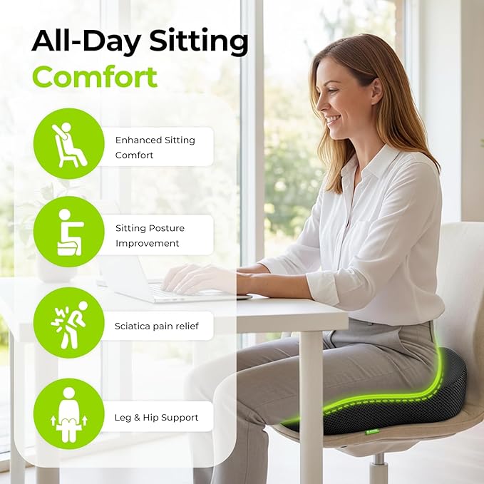 AUVON Gel Seat Cushion for Office Chairs, Ergonomic Memory Foam Chair Cushions for Long-Sitting Support & Sciatica, Back, Tailbone Pain Relief, Breathable Car Seat Cushion with Anti-Slip Base - Image 2