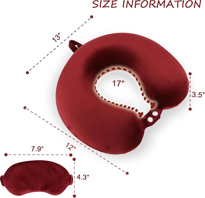 Pure Memory Foam Travel Pillow Set for Adults - Comfortable & Removable Machine Washable Cover, Neck Support Pillow Airplane Travel Kit with Eye Mask for Portable Plane Accessories -Wine Red - Image 2