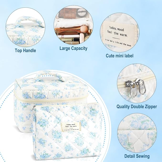 URSKYTOUS 2Pcs Cotton Quilted Makeup Bag for Women Girls Large Small Travel Floral Cosmetic Bags Set Cute Coquette Zipper Makeup Pouch for Purse Aesthetic Cloth Flower Storage Toiletry Bag Organizer - Image 3