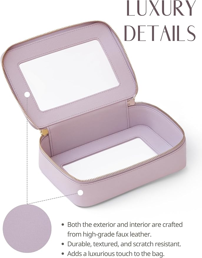 Clear Toiletry Bag 2 Pack, Travel Makeup Bag Medium & Large Purple | Structured Clear Cosmetic Case with Zipper, Car Essential Organizer Bag for Women, Waterproof PU Leather, Wide Open Portable - Image 5