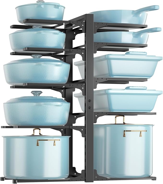 MUDEELA 10-Tier Pots and Pans Organizer Rack, 23.62" H for Cast-iron Pans | Adjustable heavy-duty pot rack, Holds big stockpots, cookware & skillets, Fits under cabinet on countertops, Kitchen storage by MUDEELA