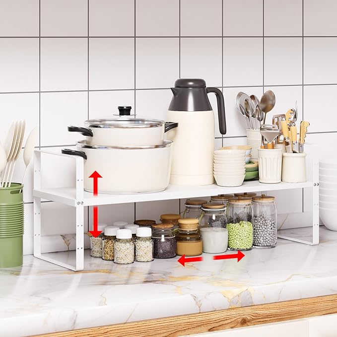 Expandable Cabinet Shelf Organizer Rack, Stackable Kitchen Counter Storage Shelves Stand, Adjustable Height Pantry Shelf Spice Rack(White-1 Pack, 8.7" D x 15.4-26.8" W x 9.8" H) by Unknown