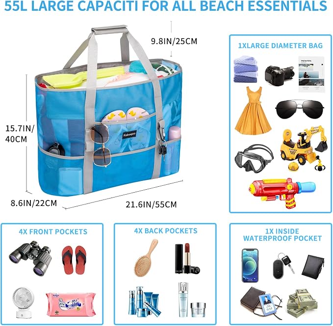 KABAQOO Mesh Beach Bag, Extra Large Beach Bags with 9 Pockets & Zipper Waterproof Lightweight Beach Tote for Beach/Pool Trip - Image 4