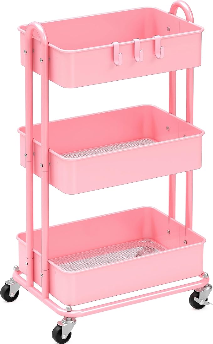 Simple Houseware 3-Tier Heavy Duty Metal Utility Rolling Cart, Pink by SimpleHouseware