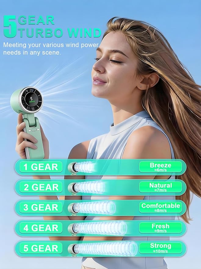 Portable Handheld Turbo Fan, 5 Gear Wind, Battery Operated, Up to 13 Working Hours Rechargeable Fan, 3 IN 1 Hand Fans with Air Turbo Tech Cooling Fan for for Travel, Beach, Outdoor - Green - Image 3