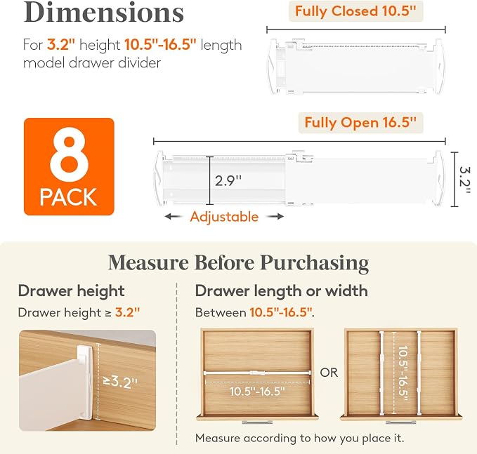 Lifewit 3.2" High Drawer Dividers for Clothes, Adjustable Drawer Organizers | 10.5"-16.5" Expandable Plastic Separator for Dresser, Kitchen, Cabinet, Closet, Nursery, Socks & Underwear Storage, 8 Pack - Image 2