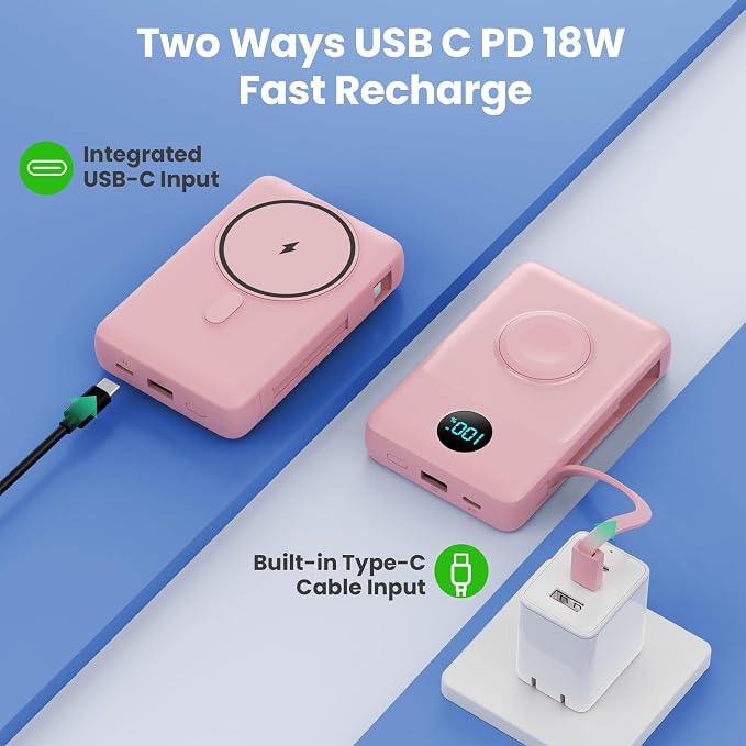 Magnetic Portable Charger 10800mAh with Built-in Cables,Wireless Power Bank for Magsafe,25W PD Fast Charging USB-C Travel Essentials Battery Pack for iPhone 17/16/15/14/13/12 Series,Apple Watch-Pink - Image 5