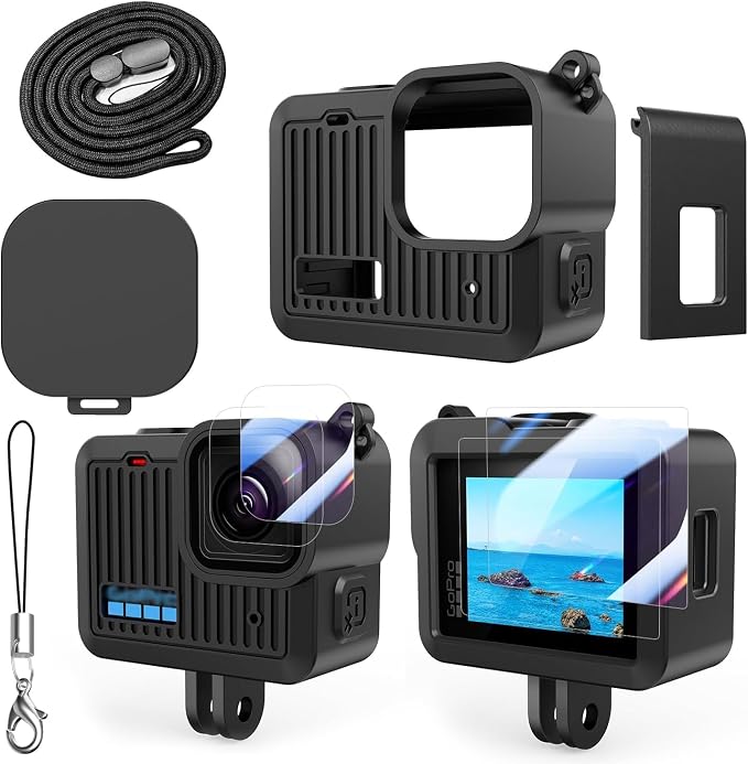 Accessories Kit for GoPro Hero 4K Action Camera | Silicone Protective Case,screen protectors,Lens Cap,Lanyard,Battery Side Cover, by AAIOOEA