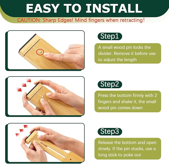 Kitchen Drawer Dividers 6 Pack Bamboo Drawer Organizers | 17-22" Adjustable, Spring Loaded, Expandable Utensil Organizer, Works in Kitchen, Dresser, Closet, Bathroom, Bedroom - Image 6