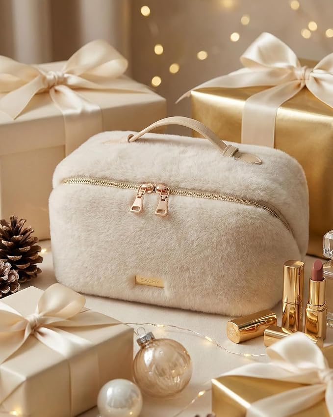 EACHY Travel Makeup Bag for Women, Faux Fur Cosmetic Bag, Beige, Medium | Faux fur bag with flat-open access, inner storage and clear TPU brush pocket for makeup, toiletries and travel essentials - Image 2
