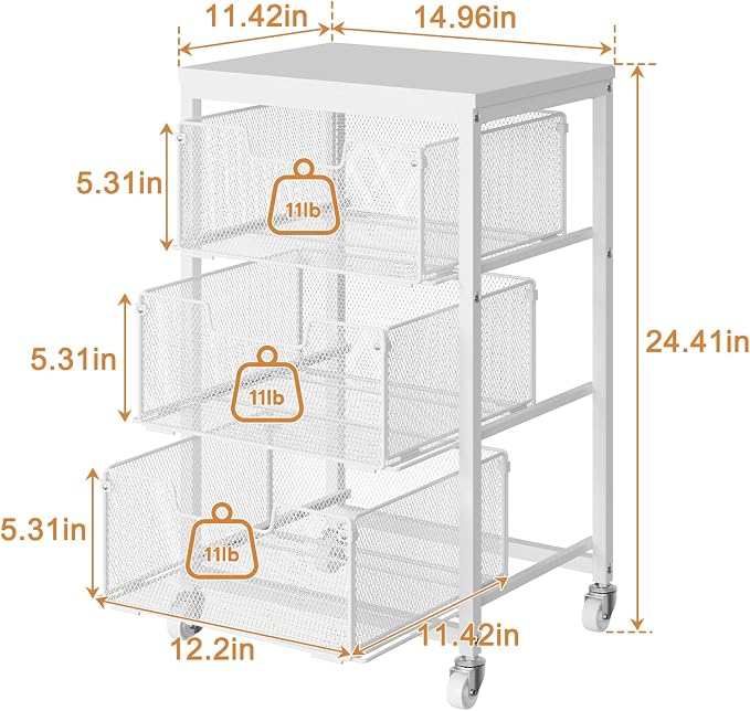 Kitchen Cart with Storage, 3-Tier Pantry Organizer and Storage Cart with Drawer, Fruit Vegetable Storage Cart with Wheels, Wooden Top Metal Wire Kitchen Organizer Rack Stand for Snack Onion Potato - Image 7