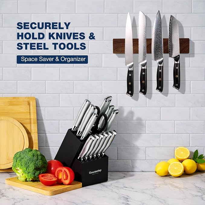 Magnetic Knife Strip 12”, Acacia Wood Knife Holder for Wall Mount | No Drill for Fridge, Dual-Row Magnet Hold 6 Knives & Heavy Cleaver, 3M Tape & Screw Mount, Kitchen Knife & Utensil Organizer - Image 5