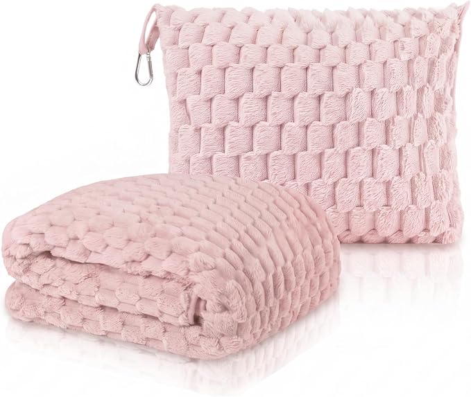 Travel Blanket with Bag, Soft Fleece Portable Airplane Blanket, Pink | Soft fleece travel blanket 50x60in grey. 5-in-1: pillow, lumbar support, shawl, hand warmer. Washable, luggage sleeve, clip. by Unknown