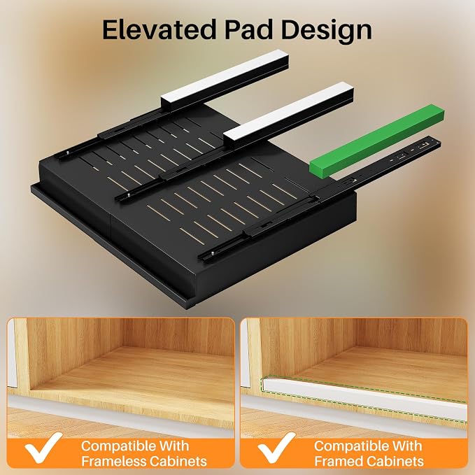 Pull out Cabinet Organizer, 1-Pack Expandable(13.6"-24") Silde out Drawers with Raising Pad for Framed Cabinets, Adjustable Full-Extension Adhesive Roll out Shelves for Kitchen Pantry Home Pot and Pan - Image 8