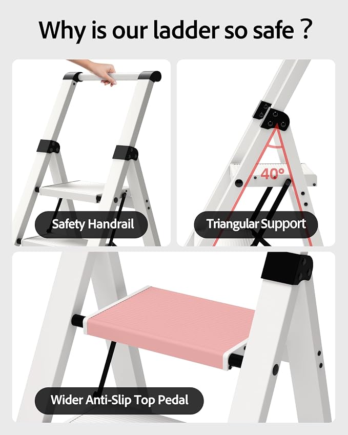 Taranta 3 Step Ladder,Lightweight Aluminum Step Stool Foldable -White | Folding Ladder with Handgrip,Wide Top Pedal,330lbs Capacity for Home,Office,Kitchen - Image 3