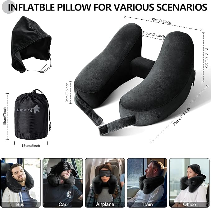 Sunany Neck Pillow for Travel Inflatable Airplane Pillow Comfortably Supports Head,Neck and Chin,Inflatable Travel Pillow with Soft Velour Cover,Portable Drawstring Bag (Black with Hat) - Image 6