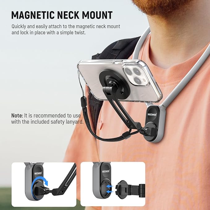 NEEWER Magnetic Neck Holder for Action Camera Phone Hands Free Neck Tripod Chest Mount Compatible with GoPro DJI Insta360 iPhone Android Phone Holder for POV Vlog, Gray, GP16 - Image 6