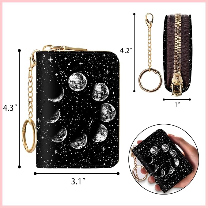 Blusabaca RFID Credit Card Holder Small Women Travel Wallet, Night Moon | Removable Keychain, Case with Zipper, Vegan PU Leather, Cash Coin Pocket, Business Accordion Purse, Ladies Female Gift - Image 4