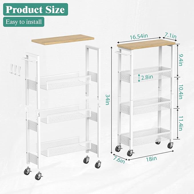 Slim Rolling Storage Cart 4 Tier Bathroom Organizer Mobile Shelving Unit Utility Cart with Wood Top and Handle for Kitchen Laundry Narrow Places, White - Image 6