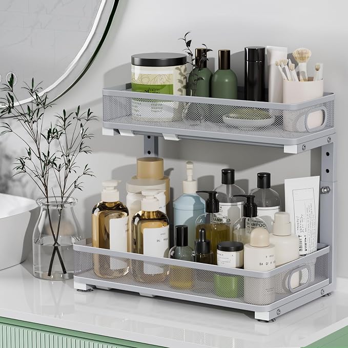 Under Sink Organizer 2 Pack, High Adjustable 2 Tier Under Sink Organizers and Storage, Slide out Metal Cabinet Organizers, Pull out Storage Drawer Shelf for Kitchen Bathroom Cabinet (Gray) - Image 8
