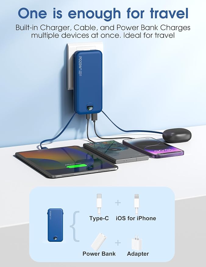 citicr Portable Charger 10000mAh PD20W w/Built-in Cables & Wall Plug Navy | Fast charging, Built-in wall plug, LED display, Charge 5 devices at once, Pass through charging, TSA approved, Pocket size - Image 4