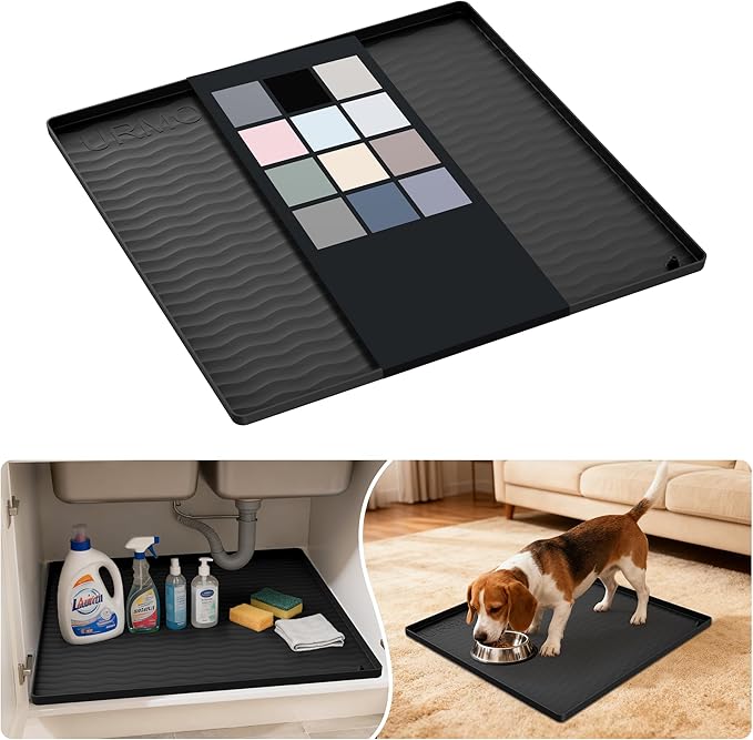 URMONA Waterproof Silicone Under Sink Mat 19'' x 19'' Shelf Liner for Kitchen and Bathroom, Cabinet and Counter Protector, Storage and Organizers, Litter Mat, Pet Cat Puppy Essentials(Black) by URMONA