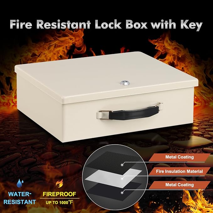 KYODOLED Fireproof Document Box with Key Lock, Safe Storage Box for Valuables, Fire Resistance Security, Fireproof Lock Box for Passport, Cash, Tablet 13.2'' x 11'' x 4.13'' Beige - Image 3