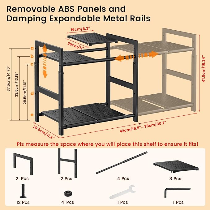 Under Sink Organizer and Storage 16.5"-30.7" Expandable Length, Adjustable Height Max 16.7" Under Sink Shelf 2 Tier with Removable ABS Panels Metal Frame for Bathroom Kitchen Pantry Cabitnet Pot Pan - Image 2