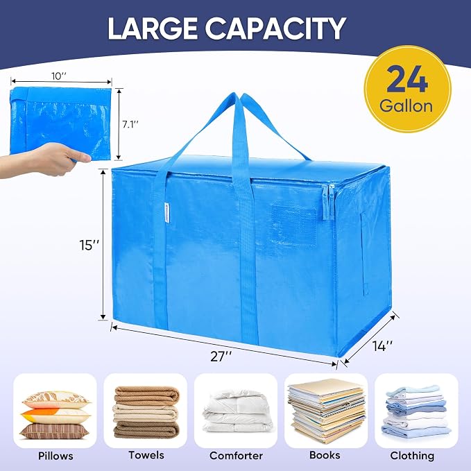 TICONN 4 Pack Extra Large Moving Bags Heavy Duty with Zippers & Carrying Handles, Durable Storage Bags Moving Boxes for Closet Organizers and Storage (4 Pack, Sky Blue) - Image 5