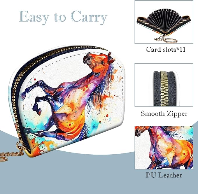 Women's Slim RFID Wallet – Compact Leather Card Holder Wallet for Women, 9 Card Slots RFID Blocking Credit Card Organizer, Small Travel Wallet - Watercolor Horse - Image 4