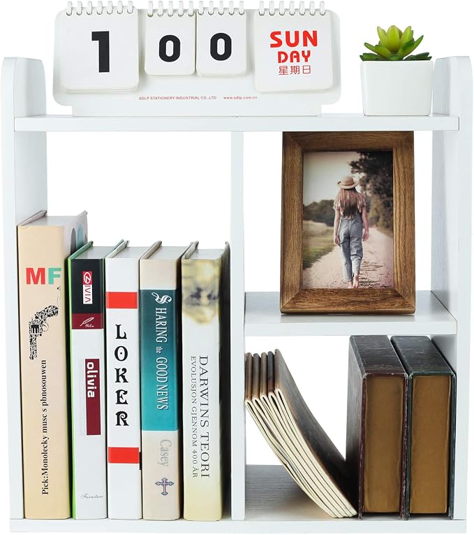 Desktop Shelf Freestanding Wood Small Bookshelf Desk Supplies Organizers and Accessories Storage Display Rack Office Decor for Women, White - Image 4