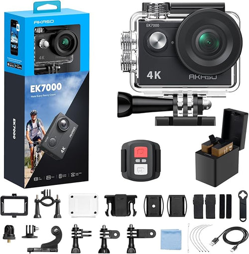 AKASO EK7000 4K30fps Action Camera - 131ft Waterproof Camera with Remote Control 4X Zoom Ultra HD 20MP Underwater Camera with Accessories Kit | 4X Zoom, Remote Control, Ultra HD, Time Lapse, Burst Photo, Self-Timer, Accessories Kit by AKASO