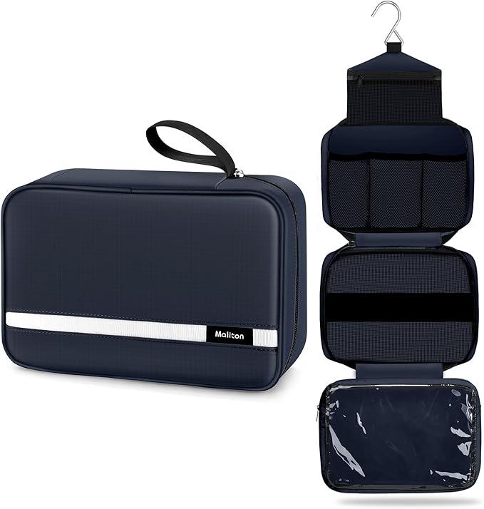 Maliton Toiletry Bag for Men & Women Travel Toiletry Bag Hanging Toiletry Bag Hygiene Organizer with 4 Compartments Waterproof Bathroom Shower Bag Large Toiletries Travel Bag(Black (Navy Blue) by Maliton