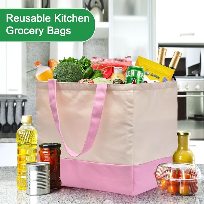 3 Pack Canvas Reusable Grocery Bags Heavy Duty, 8.3 gal Foldable Large Tote Bag with Handles, Holds 60 lbs Canvas Shopping Bags & Washable Eco-friendly Bags with 5 Pockets, Pink+Off white - Image 7