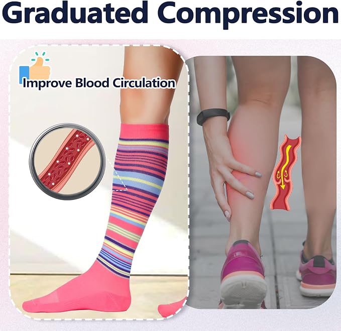 +MD Cotton Compression Socks for Women & Men 4/6 Pairs 15-20mmHg Knee High for Sports, Travel, Nursing Long Sitting Standing - Image 3