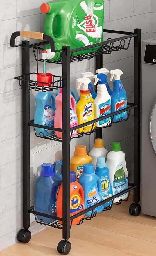 AOODA Laundry Room Cart with Top Detergent Holder, Metal Rolling Storage Cart Between Washer and Dryer, 3 Tier Narrow Laundry Room Organization and Storage with Wheels (Pure Black) by AOODA