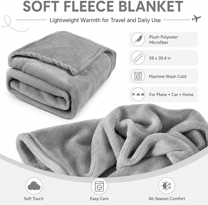 Travel Blanket and Pillow Set - Hooded Neck Pillow Airplane Essentials Grey | Memory Foam, Sleep Mask, Earplugs, Foldable Duffel Bag Soft Comfort for Long Plane Flight Traveling Car Road Trip Flying - Image 4