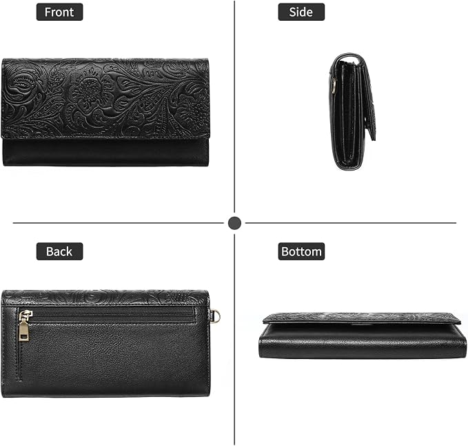 GOIACII Wristlet Wallets for Women RFID Blocking Western Clutch Black | Embossed Leather, Vintage Design, Trifold, Large Billfolds, Ladies Purses with Zipper Coin Pocket - Image 8