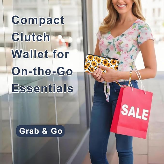 RFID Wallet with Phone Pocket for Women - Double Zipper Wristlet Purse Large Capacity, 17 Card Slots, Coin Pocket, Cow Sunflower - Image 7