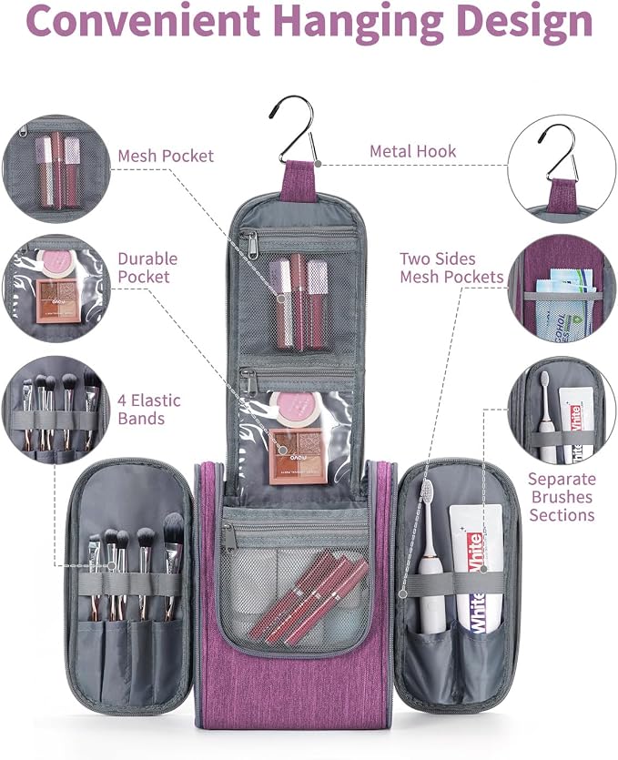 Narwey Small Hanging Toiletry Bag Women Travel Makeup Bag Organizer Toiletries Bag for Travel Size Essentials Accessories Cosmetics (Medium, Dark Purple) - Image 3