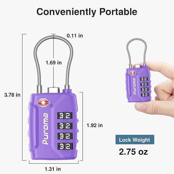 Puroma 2 TSA Approved Luggage Locks 4 Digit Code Cable Lock Basic Purple | Resettable, Flexible Cable, Zipper holes, Zinc Alloy, Bright Color, Large White Numbers, Suitcase Train Travel, laptop bag - Image 3